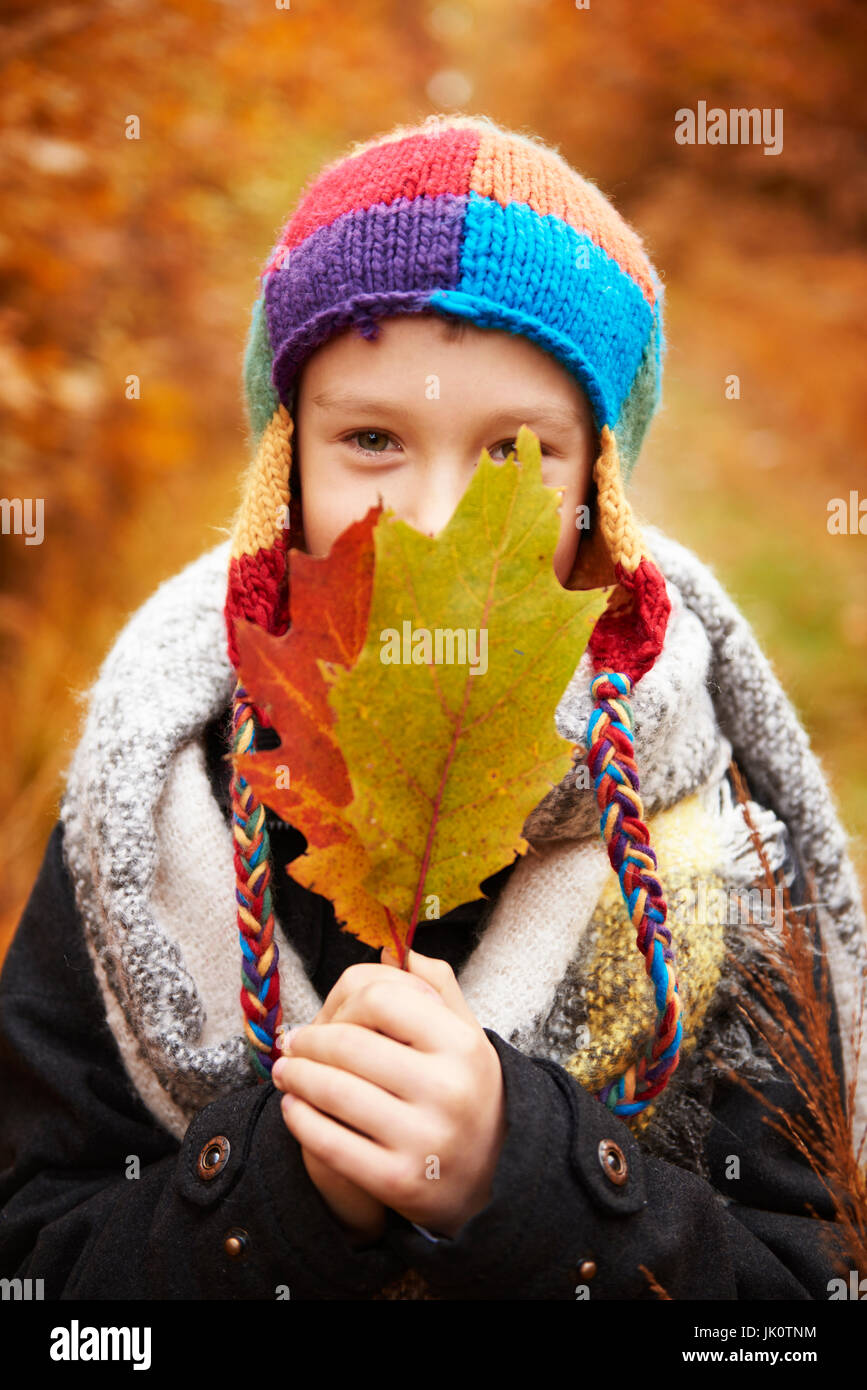 Junge für Gesicht mit Herbst Blatt Stockfoto