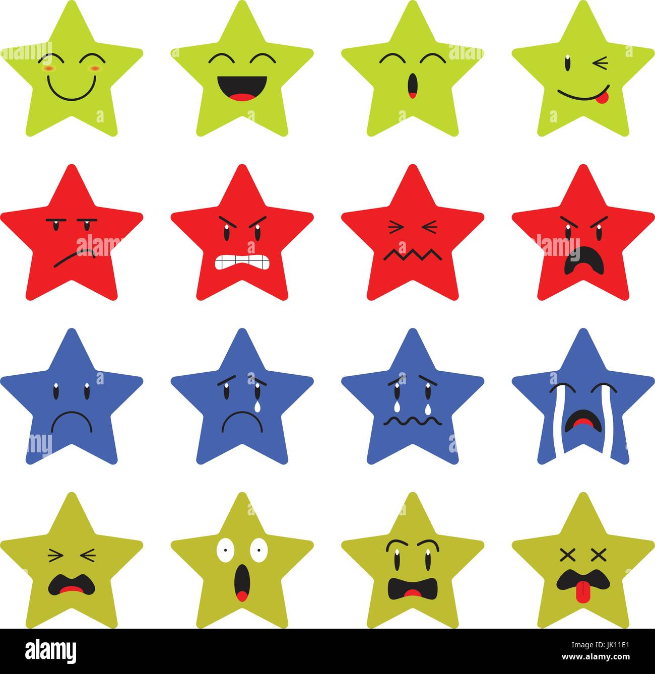Cute star Emoji auf weißem Hintergrund als 4 Gruppen von Mimik, glücklich, wütend, traurig, erschrocken. Nützlich für Cartoon Gesicht und emotionale Reaktion. Stock Vektor