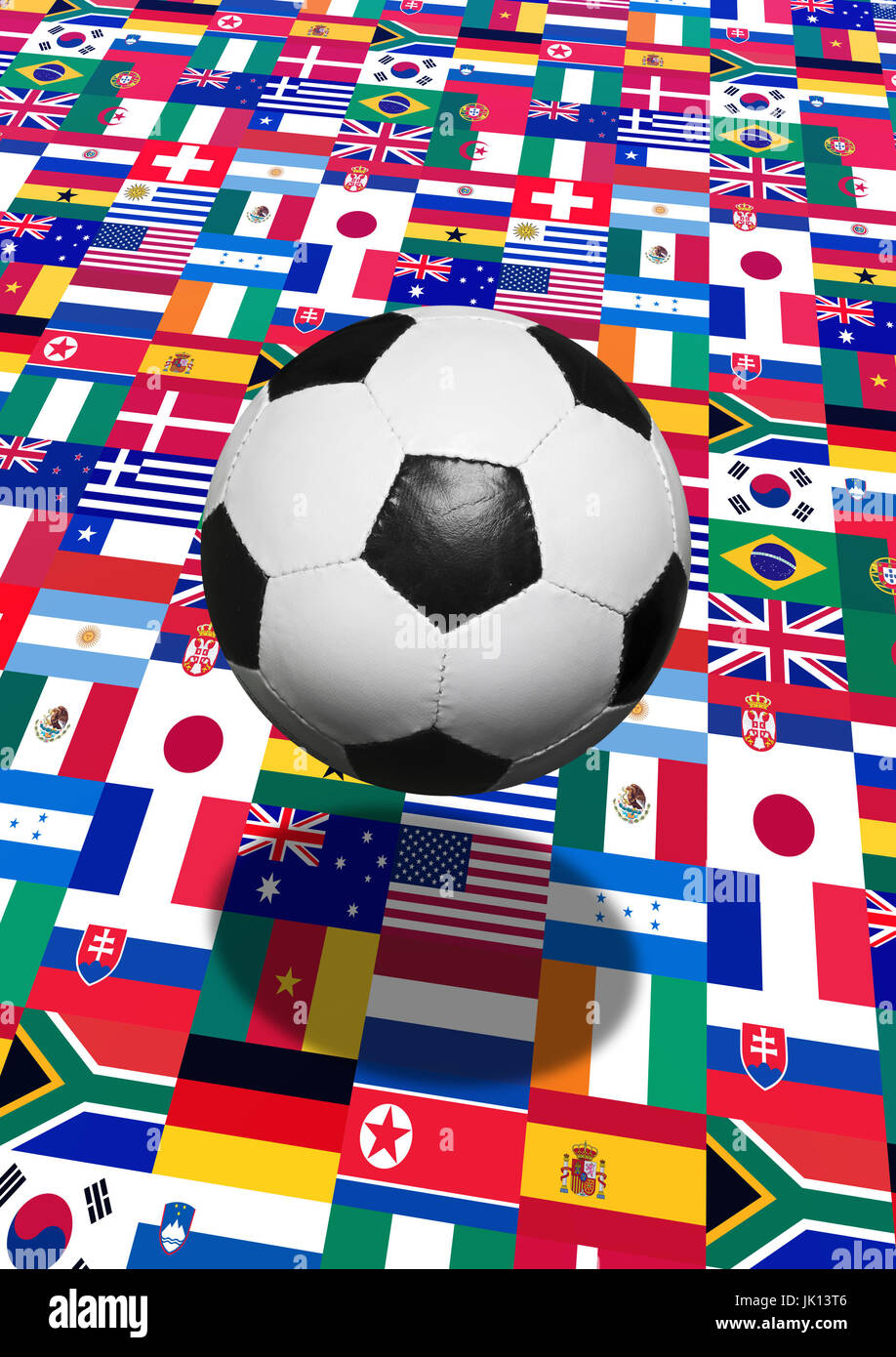 Ball und Welt Fahnen, internationale Fußball-Konzept Stockfoto