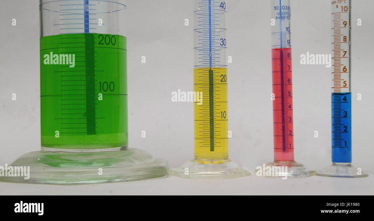 Verschiedene Arten und Größen zur Messung der Brille häufig in Chemie. Lesungen sind 230 ml (grün) 24 ml (gelb) 8, 8ml (rot) und 4,5 ml (blau) Stockfoto