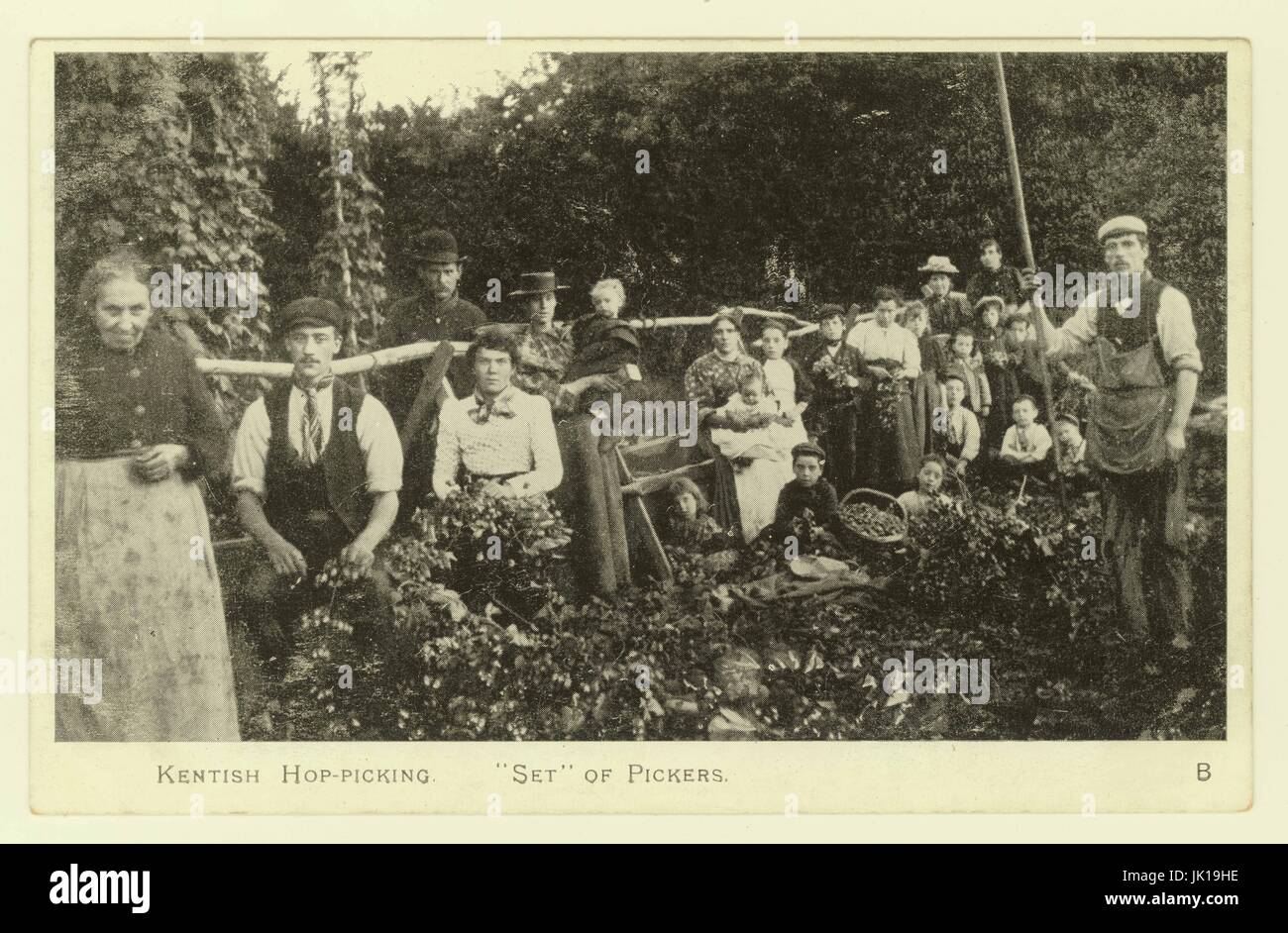 Edwardian Postkarte - Satz von Kentish Hop Pickers - Männer, Frauen und Kinder helfen, um 1910, Großbritannien Stockfoto