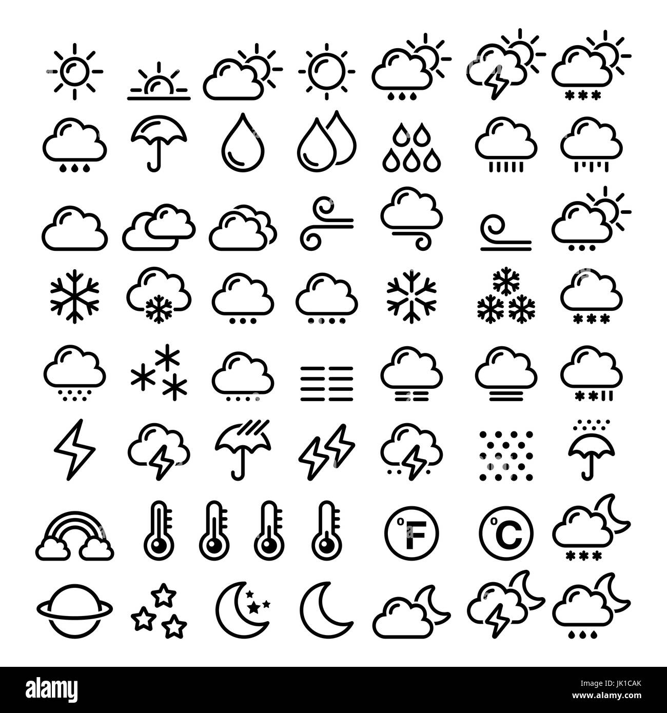 Wetter-Linie-Icons set - big Pack 70 Wettervorhersage Grafikelemente, Sonne, Wolke, Regen, Schnee, Wind, Regenbogen Stock Vektor