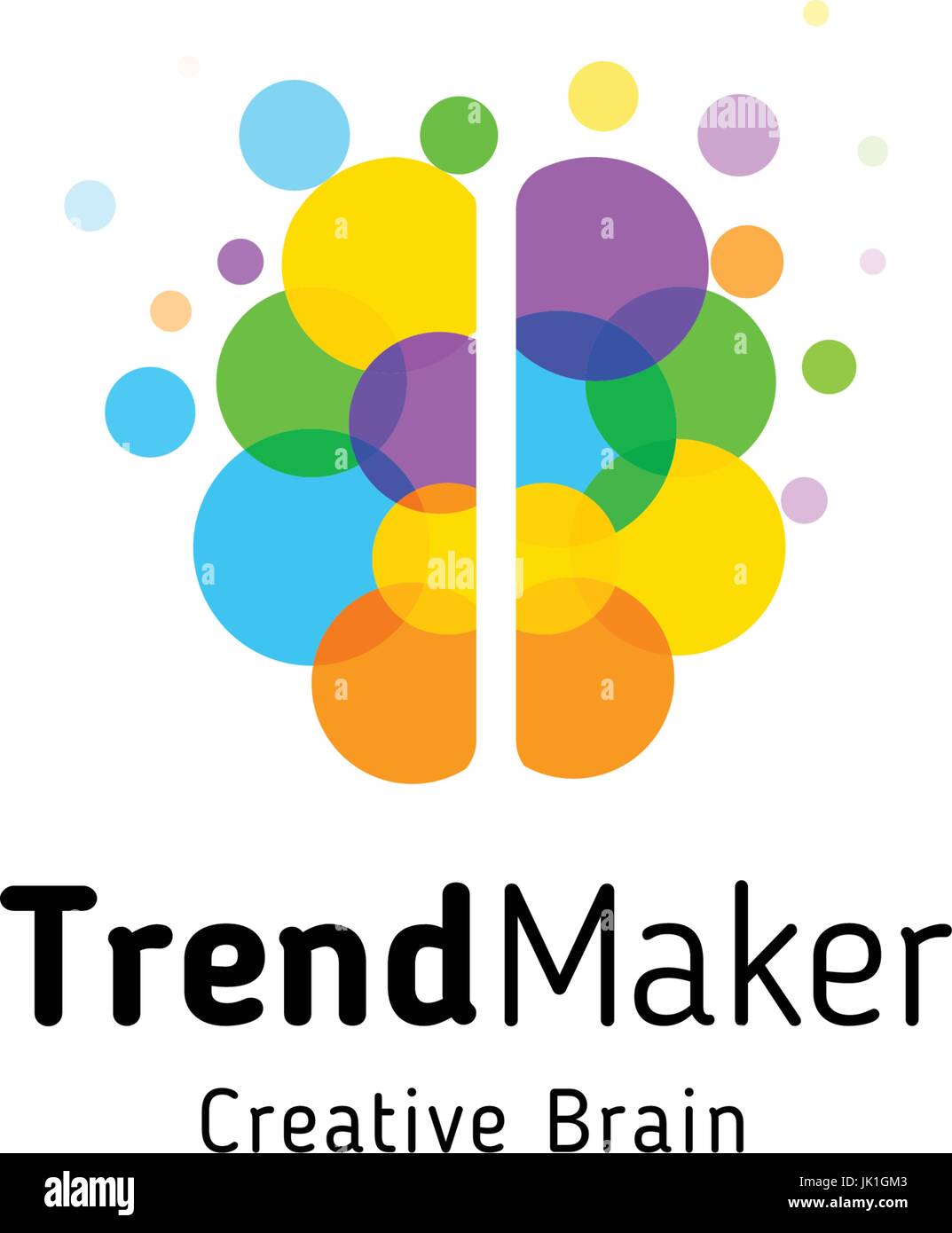 Trend-Maker-abstrakte Vektor-Logo. Bunte Kreise Bläschen Gehirnform isoliert. Kreativer Kopf Genie Stock Vektor