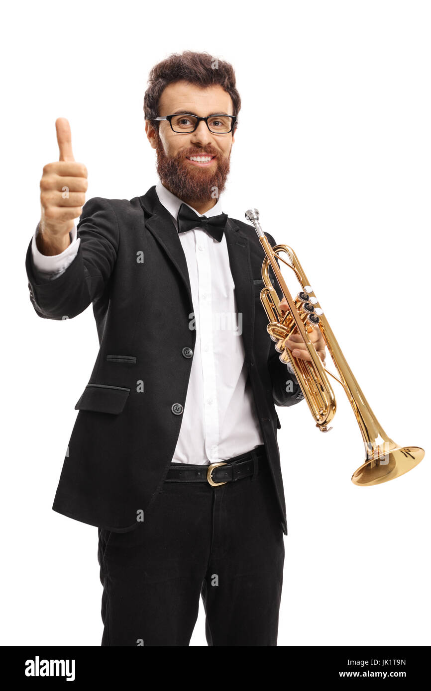 Trompeter machen einen Daumen Geste isoliert auf weißem Hintergrund Stockfoto