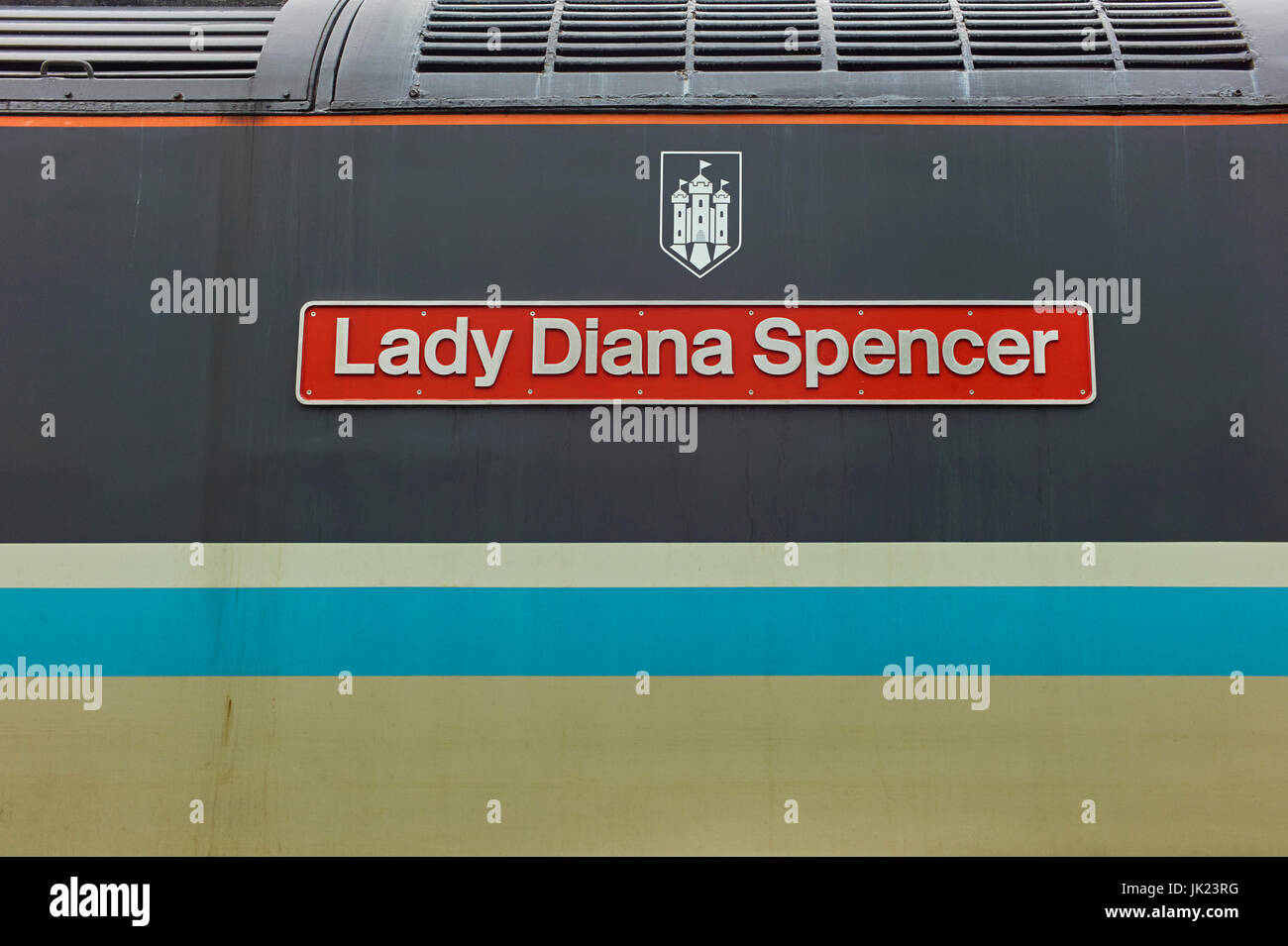 Trainieren Sie Typenschild von Lady Diana Spencer in Crewe Railway Heritage Center Stockfoto