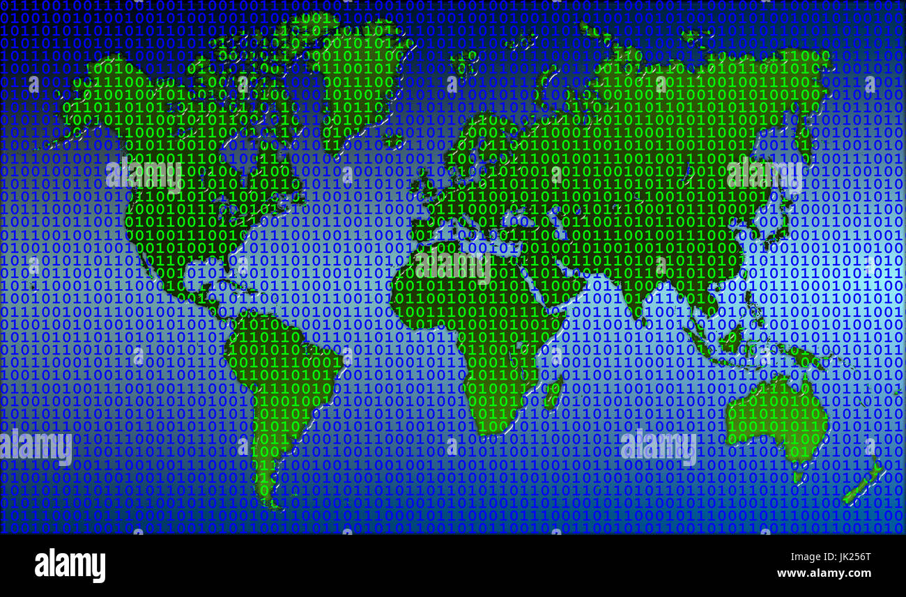 Globale Kommunikation Abbildung mit binären Daten, die für eine Karte der Welt Stockfoto