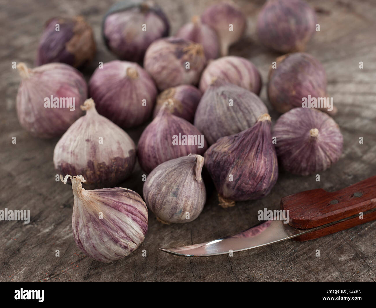 Stillleben-Kunst der einzelnen Lampe Form von Elefanten Knoblauch auf hölzernen Hintergrund mit Messer Stockfoto