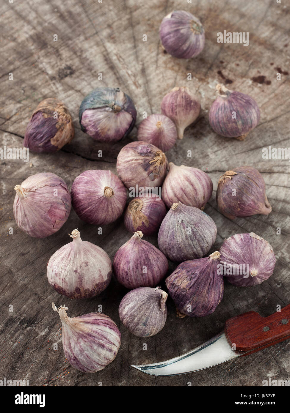 Stillleben-Kunst der einzelnen Lampe Form von Elefanten Knoblauch auf hölzernen Hintergrund mit Messer Stockfoto