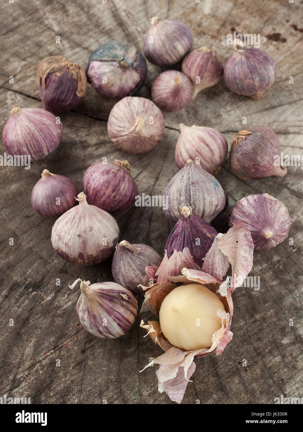 Still-Lebenskunst der einzelnen Lampe Form von Elefanten Knoblauch auf hölzernen Hintergrund Stockfoto