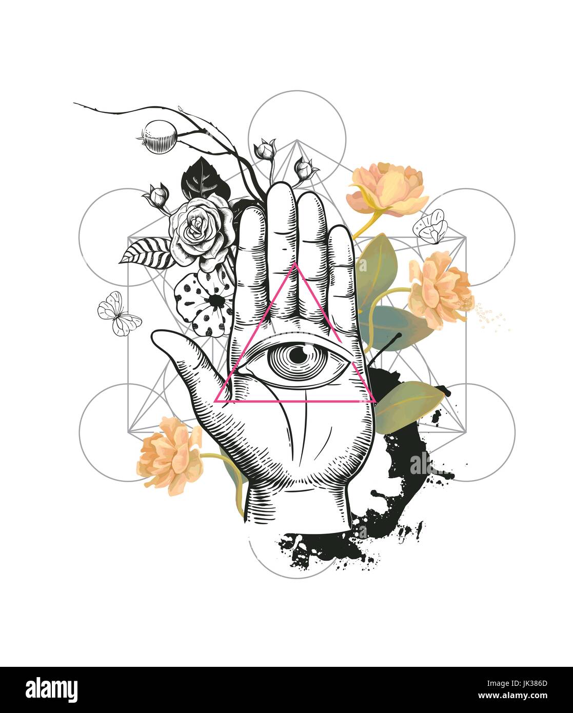 Menschliches Auge im Dreieck gegen Hand, semi-farbige rose Blumen und geometrischen Figuren auf Hintergrund. Konzept der geheimnisvolles Symbol. Vektor-Illustration in Hipster-Stil für T-shirt Druck, Banner. Stock Vektor