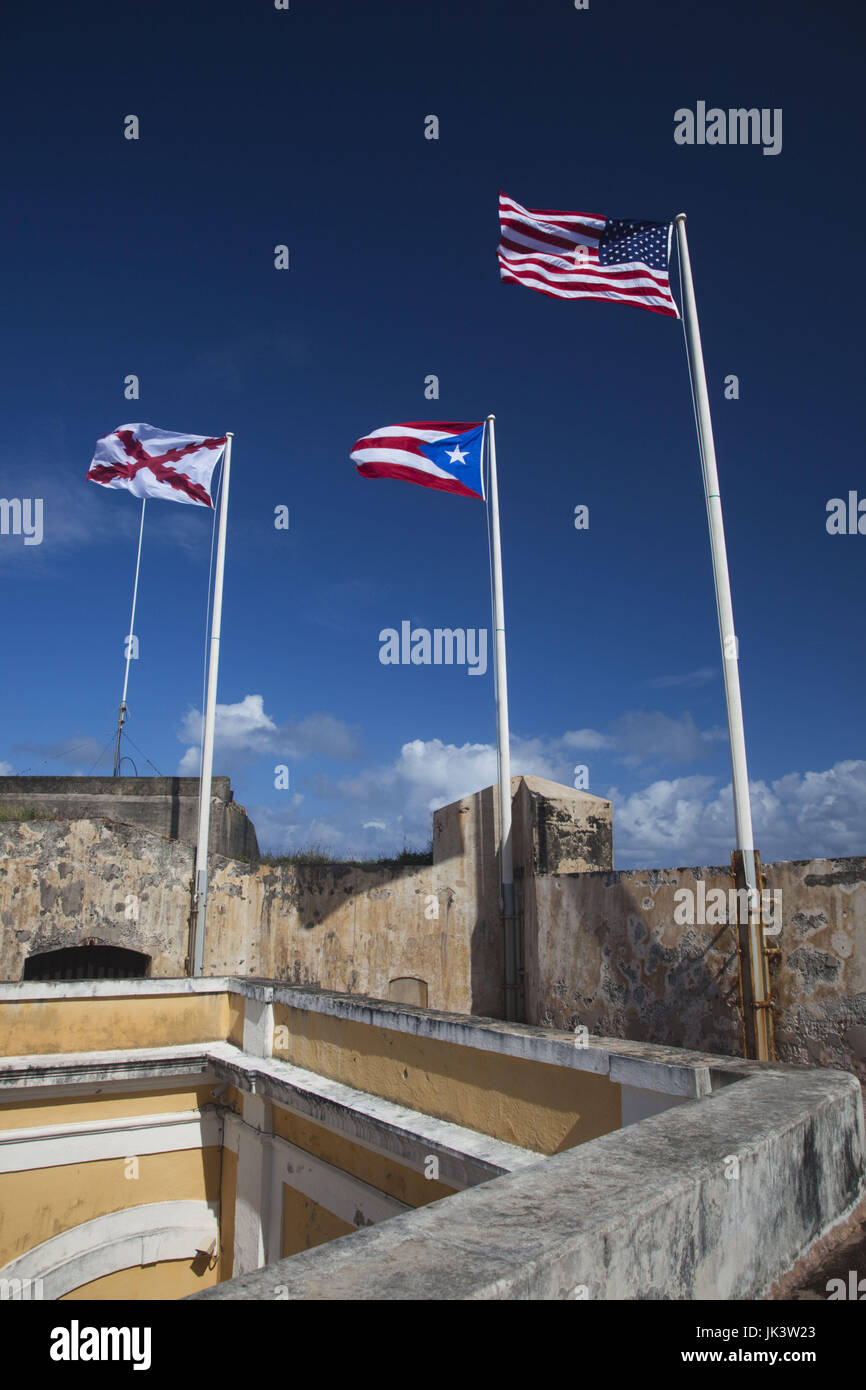 El Morro Festung, Kolonial, Puerto Rico und den USA Flaggen, Old San Juan, Puerto Rico, San Juan Stockfoto