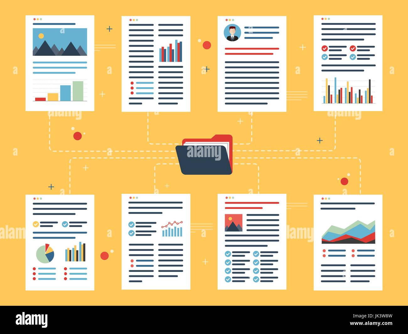 Dokumenten mit Daten und Finanzinformationen, Charts und Geschäftsberichte und Ordner in flache Design-Vektor-Illustration. Konzept der Datenanalyse, o Stock Vektor