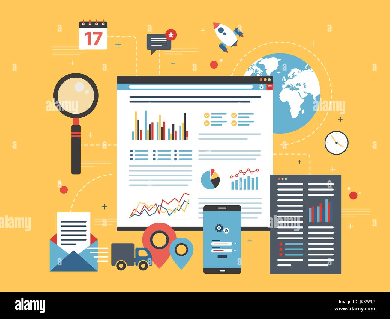 Betriebswirtschaftliche Daten und Diagramme im Internet-Shop im flat Design Vektor-Illustration. Konzepte für Business-Planung, Projektmanagement, Beratung, prog Stock Vektor