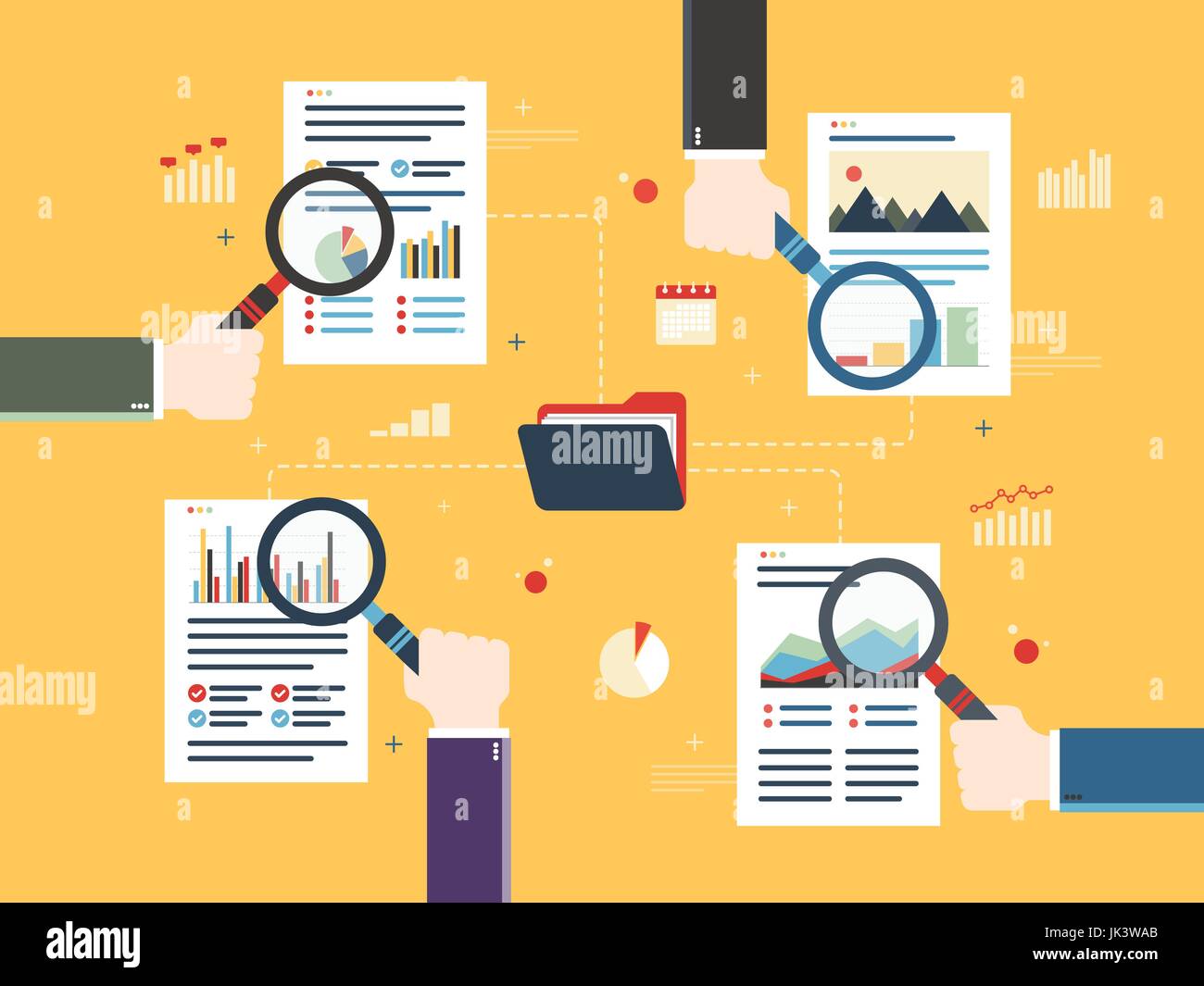 Hände mit Lupe, Dokument mit Daten und Diagramme, Ordner "Computer" in flache Design-Vektor-Illustration. Konzept der Datenanalyse, Teamarbeit, ein Stock Vektor