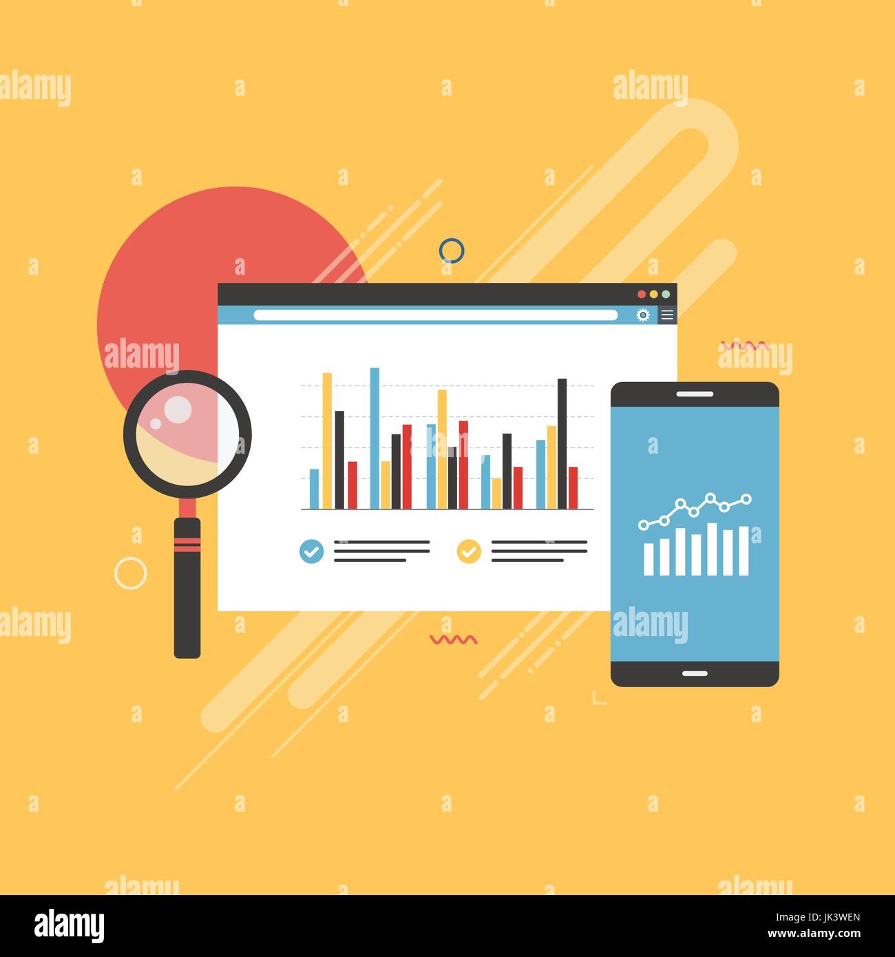 Ikone des smart Phone und Internet Seite mit finanziellen Diagramm auf Bildschirm, Lupe und Grafiken Form in gelbem Hintergrund. Konzept der Finanzierung und Stock Vektor