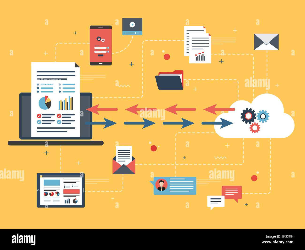 Cloud computing und finanzielle Datenaustausch im Laptop. Konzepte-big-Data-Analyse, Dokument teilen, Cloud computing und Datennetz, Finanzdaten und Stock Vektor