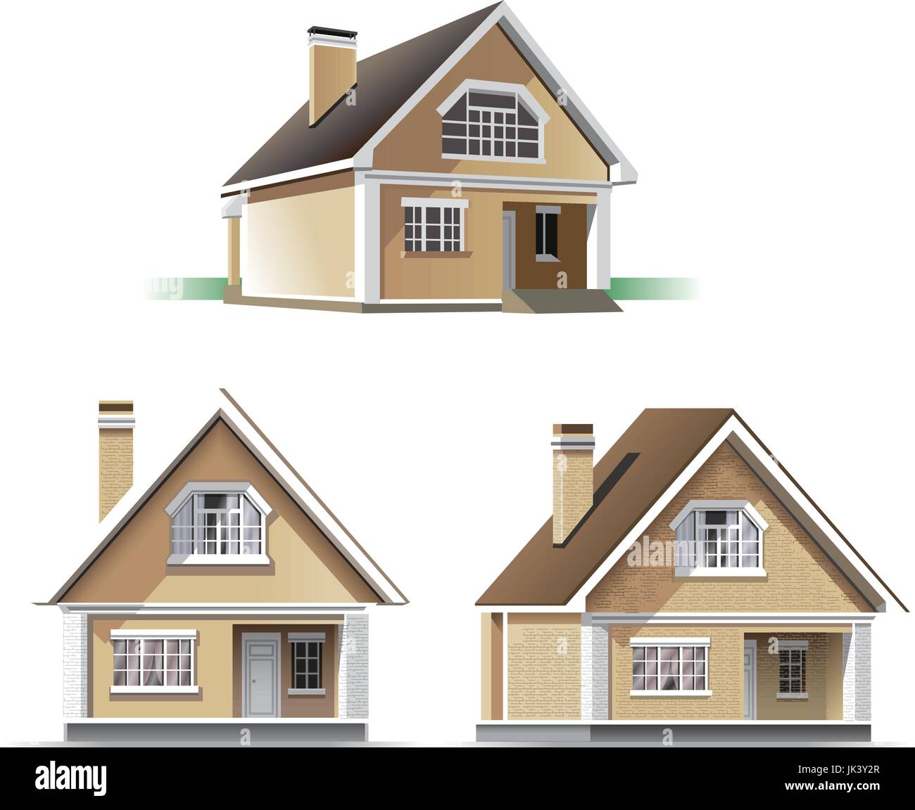 2-stöckiges Ferienhaus mit beige Fassade aus verschiedenen Winkeln Stock Vektor