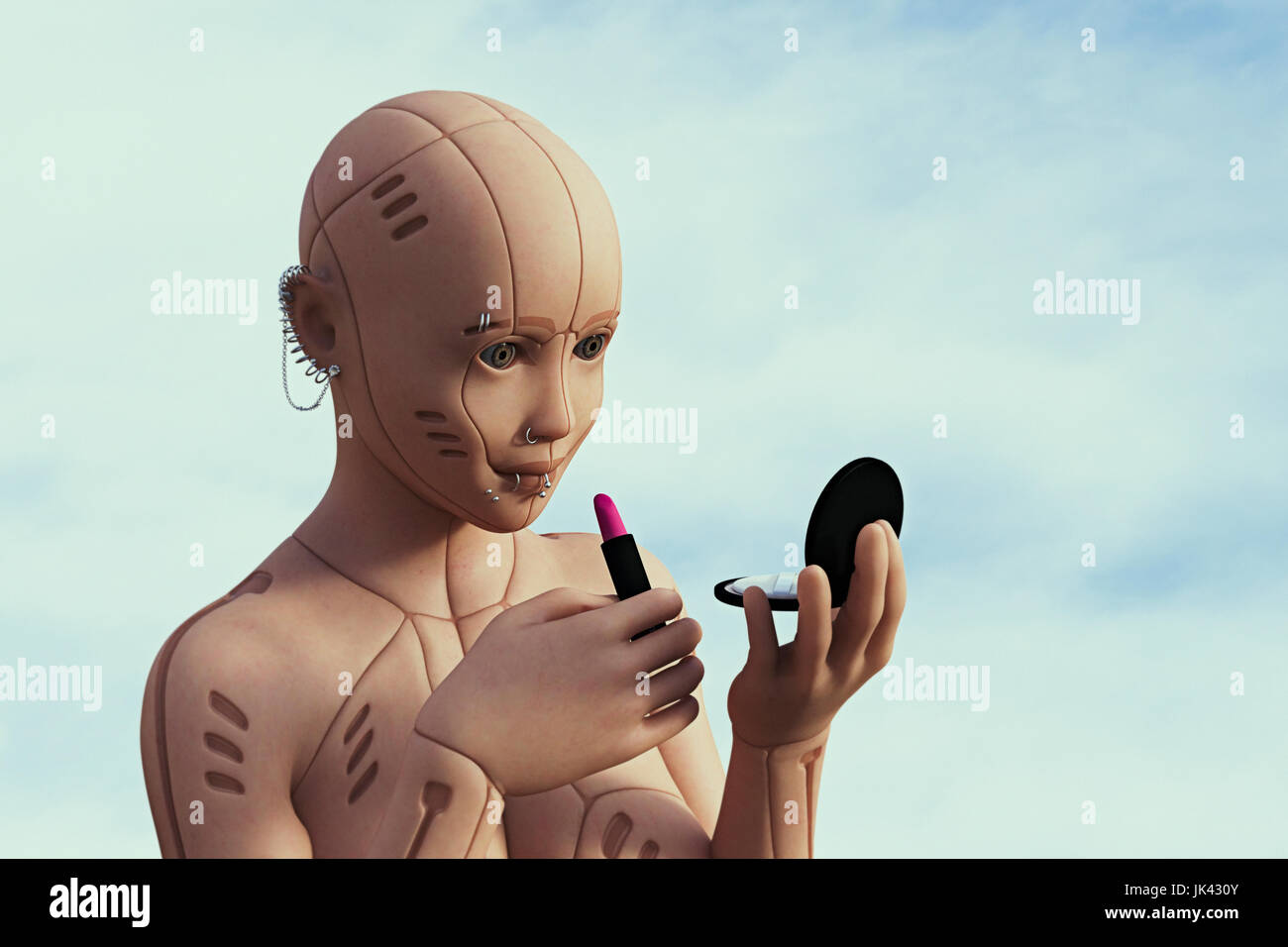 Roboter-Frau mit durchbohrten Gesicht auftragen von Lippenstift Stockfoto