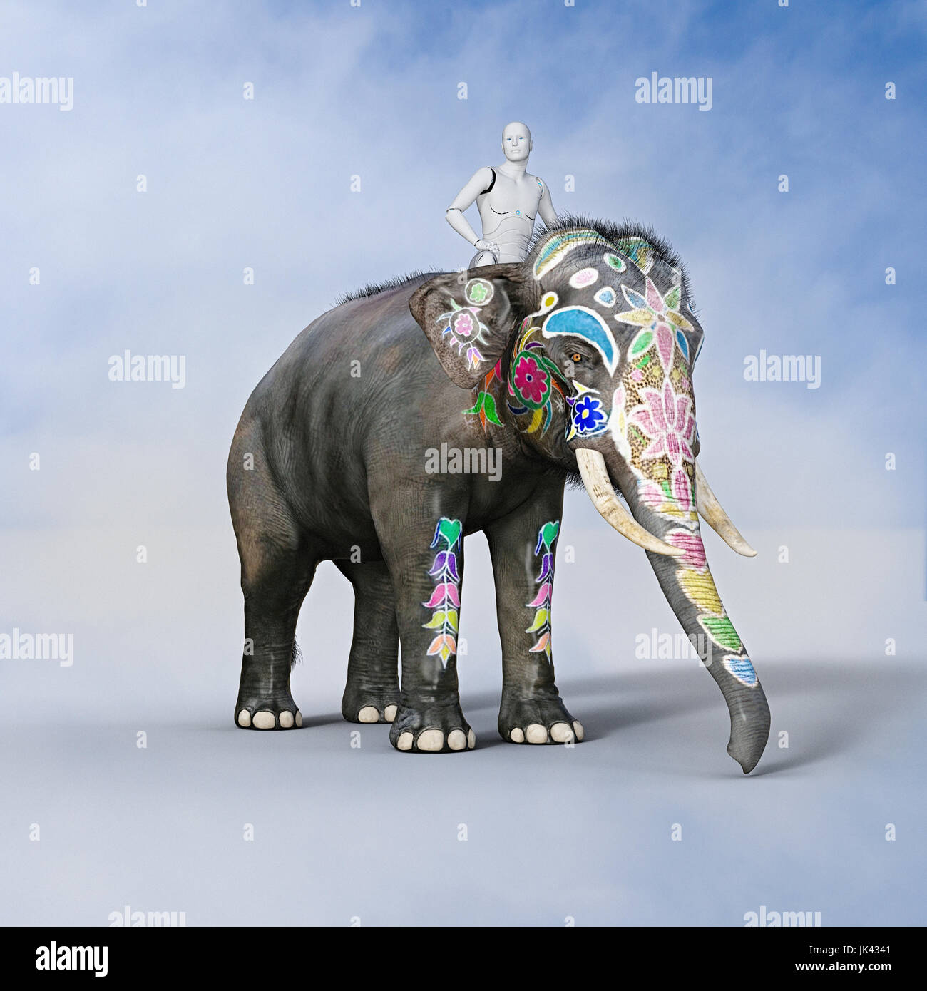 Roboter-Mann reitet gemalt Elefant Stockfoto