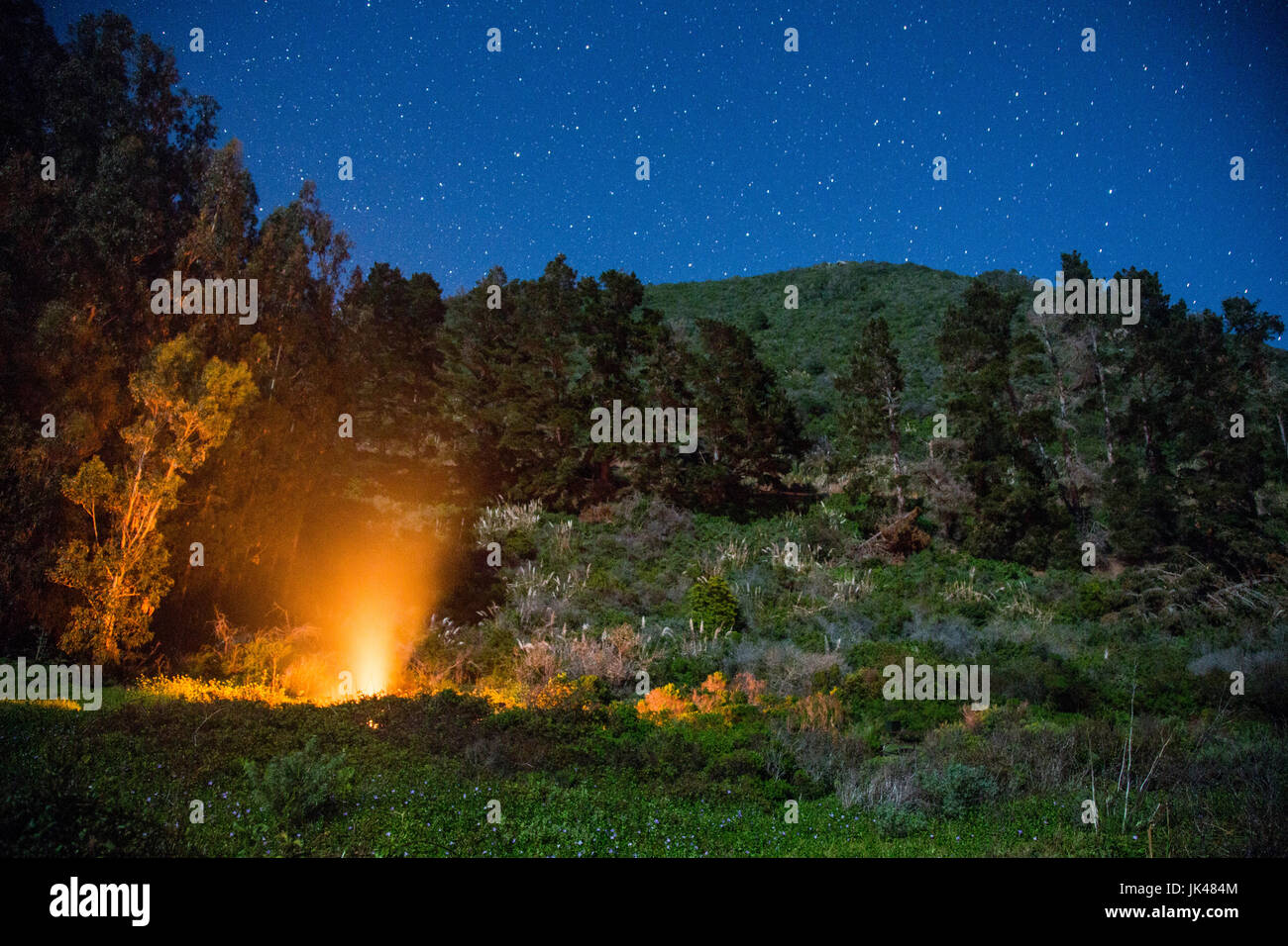 Lagerfeuer in der Nacht unter Sternenhimmel Stockfoto