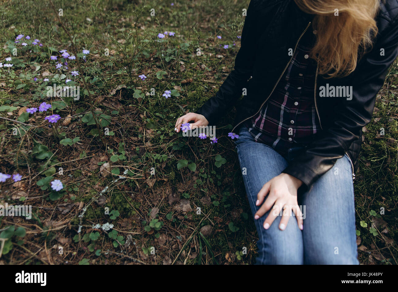 Frau sitzt Gras pflücken lila Blume Stockfoto
