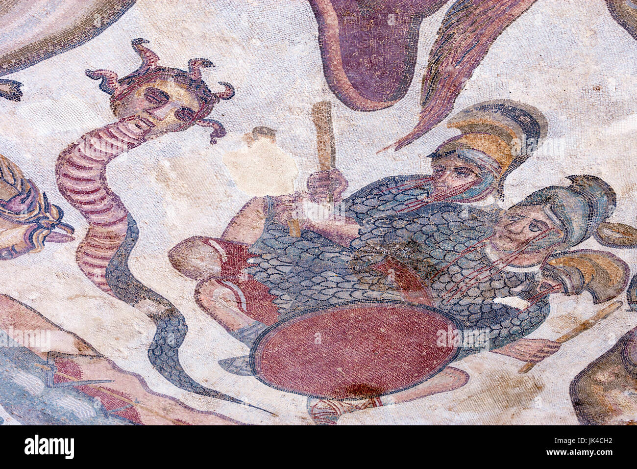 Medusa, Arbeiten des Herkules Mosaik in Triclinium, römische Mosaiken in der Römischen Villa oder Palast der Villa Imperiale del Casale, Sizilien Stockfoto