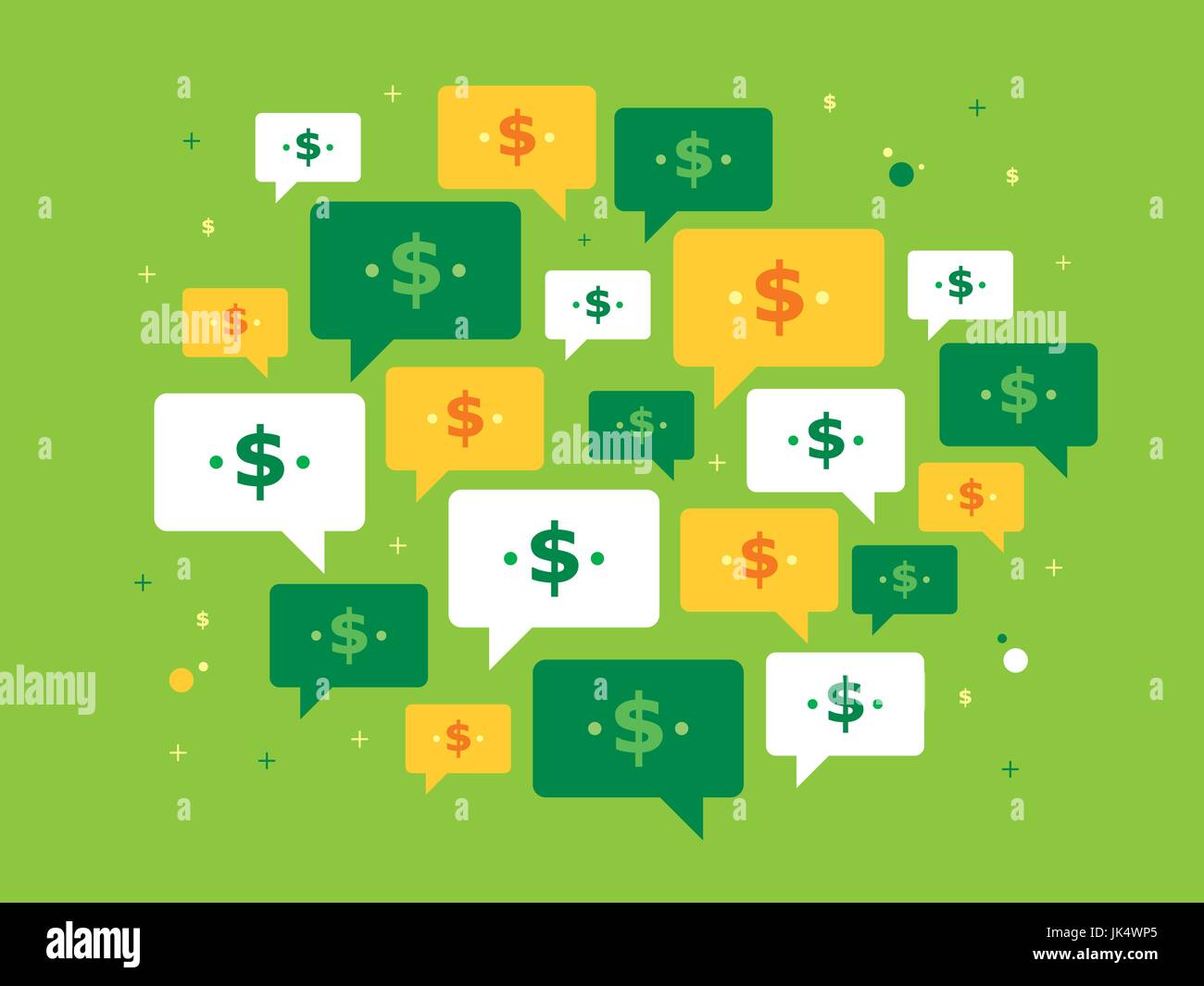 Satz von Sprechblasen und Währungssymbol auf grünem Hintergrund in Vektor-Illustration. Konzept der investieren, Erfolg, Business, Kommunikation, Preis, tr Stock Vektor