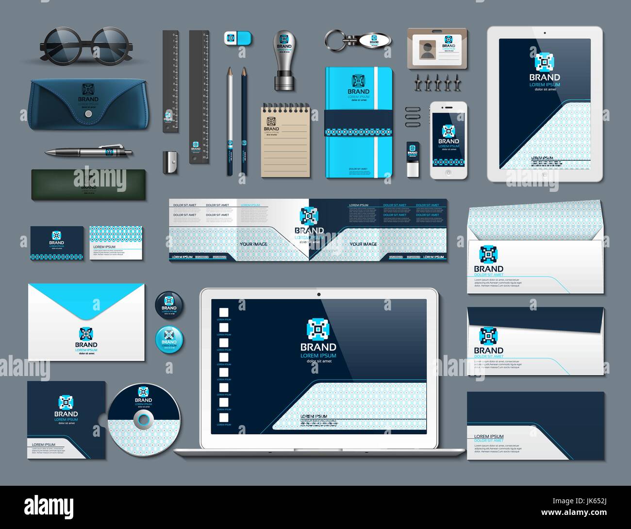 Geschäft CI Elemente festgelegt. Vektor arbeiten Artikel Telefon, Tablet, Karten, Karten mit Markenlogos. Arbeiten Sachen Schreibwaren 3d realistisch sammeln Stock Vektor