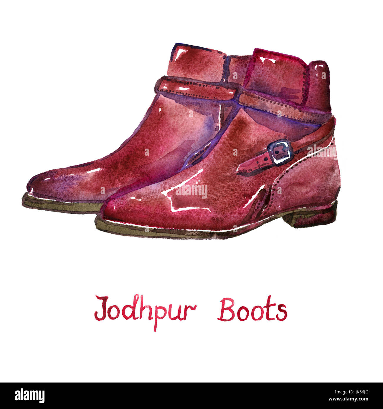 Braunes Leder jodhpur Boots mit Gurt, mit Inschrift isoliert, Handgemalten Aquarell Abbildung Stockfoto