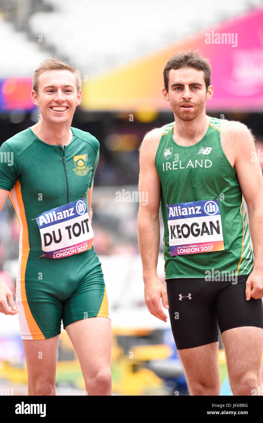 Irische Athlet Paul Keogan und Charl du Toit in 400 m T37 Wärme an der Welt Para Leichtathletik WM in London Stadion Stockfoto