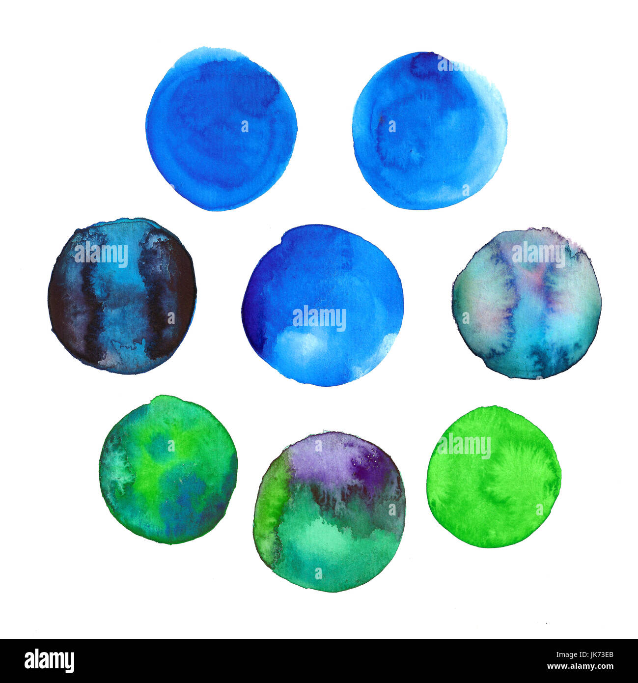 Reihe von bunten blau und grün hand gezeichnete Aquarell Spots, Kreisen isoliert auf weißem Hintergrund. Stockfoto