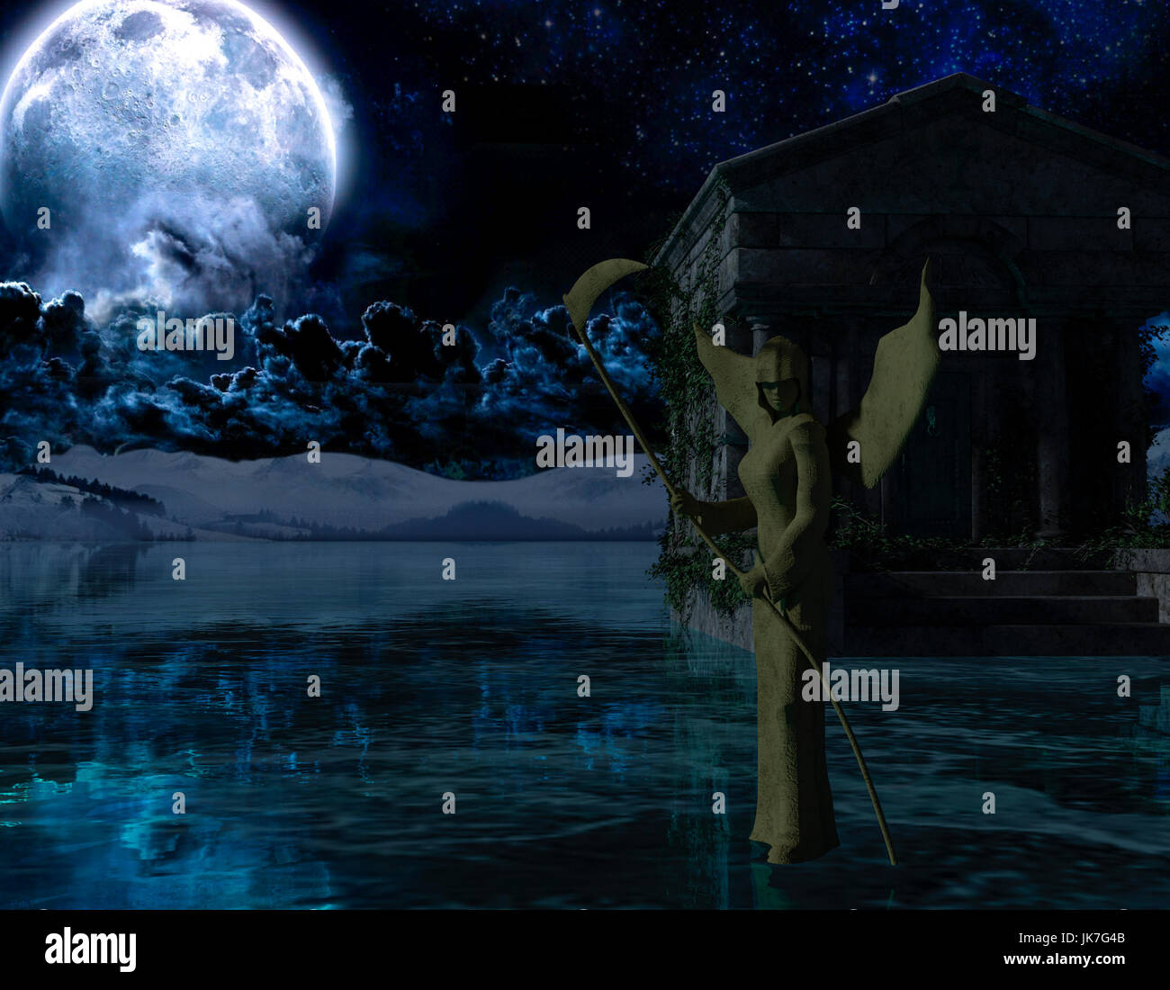 Engel des Todes - Gruselnacht Hintergrund mit Mond - 3d rendering Stockfoto