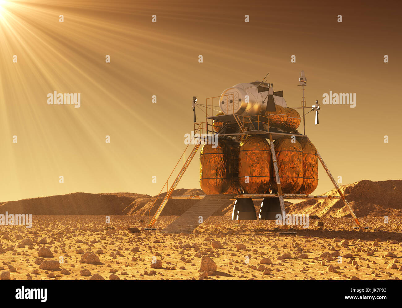 Abstiegsmodul der interplanetaren Raumstation In den Strahlen der Mars Sonne 3D Illustration. Stockfoto