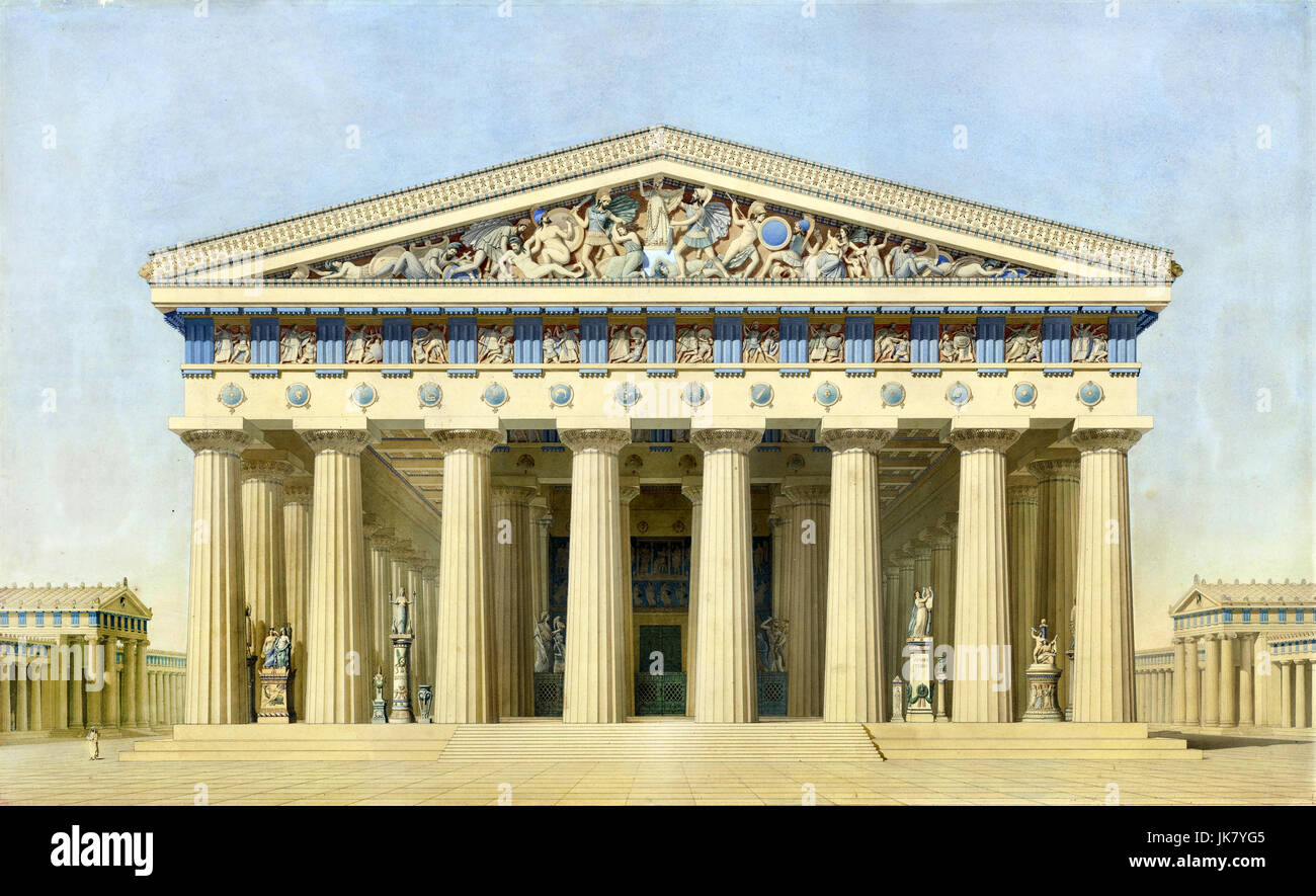 Jacques Ignace Hittorff, Tempel T bei Selinunte Sizilien rekonstruiert Erhebung der wichtigsten Fassade. Ca. 1859. Aquarell. Musée d ' Orsay, Paris, Franken Stockfoto