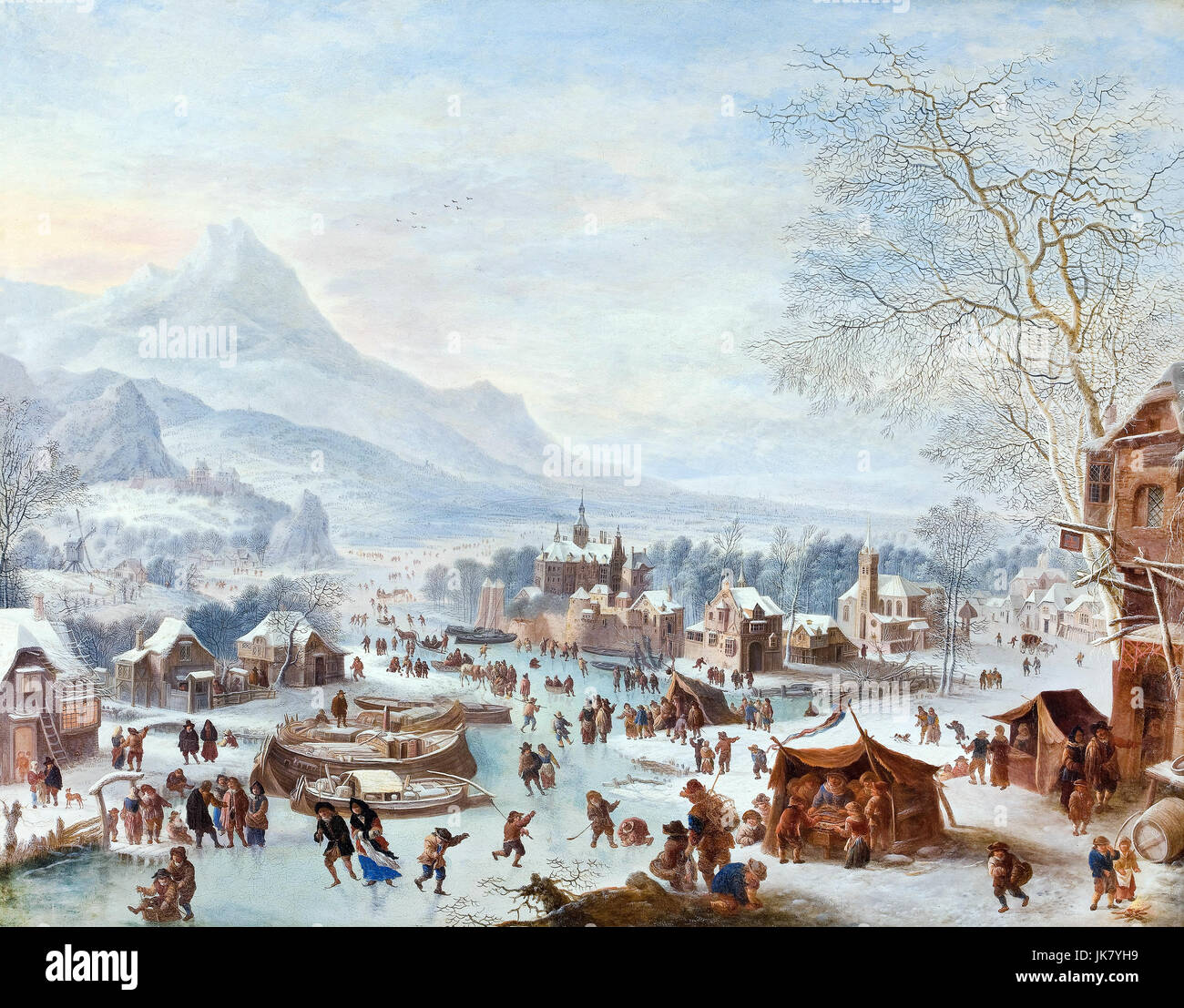 Jan griffier I, Winter Szene mit Skater Öl auf Kupfer. Hallwyl Museum, Stockholm, Schweden. Stockfoto