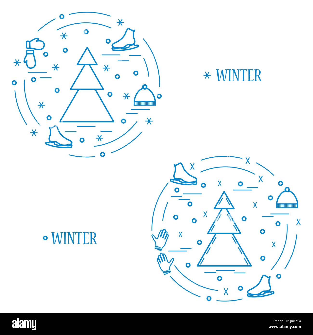 Vektor-Illustration für Sportarten Eiskunstlauf in einem Kreis angeordnet. Einschließlich der Symbole Schlittschuhe, Handschuhe, Hut, Fichte. Winter-Elementen in Linienstil aus Stock Vektor