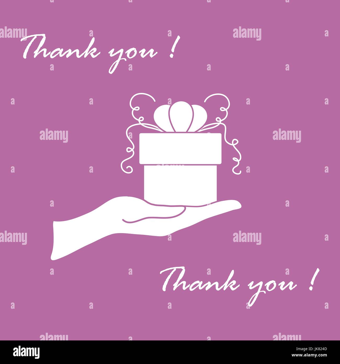 Niedliche Bild mit Hand, ein Geschenk und eine Inschrift: Ich danke Ihnen auf einem farbigen Hintergrund. Stock Vektor