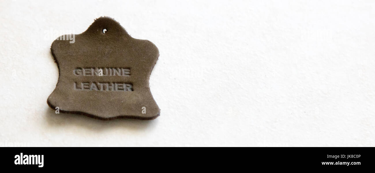 Echtleder-Label, auf eine Kopie Raum Hintergrund isoliert Stockfoto