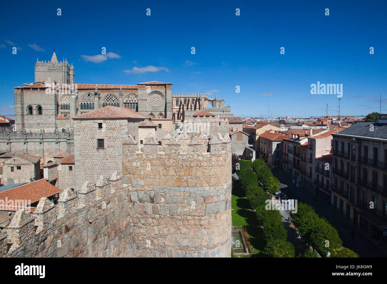 Avila, Avia Kathedrale von Las Murallas, Stadtmauern, Avila Provinz, Region Castilla y León, Spanien Stockfoto