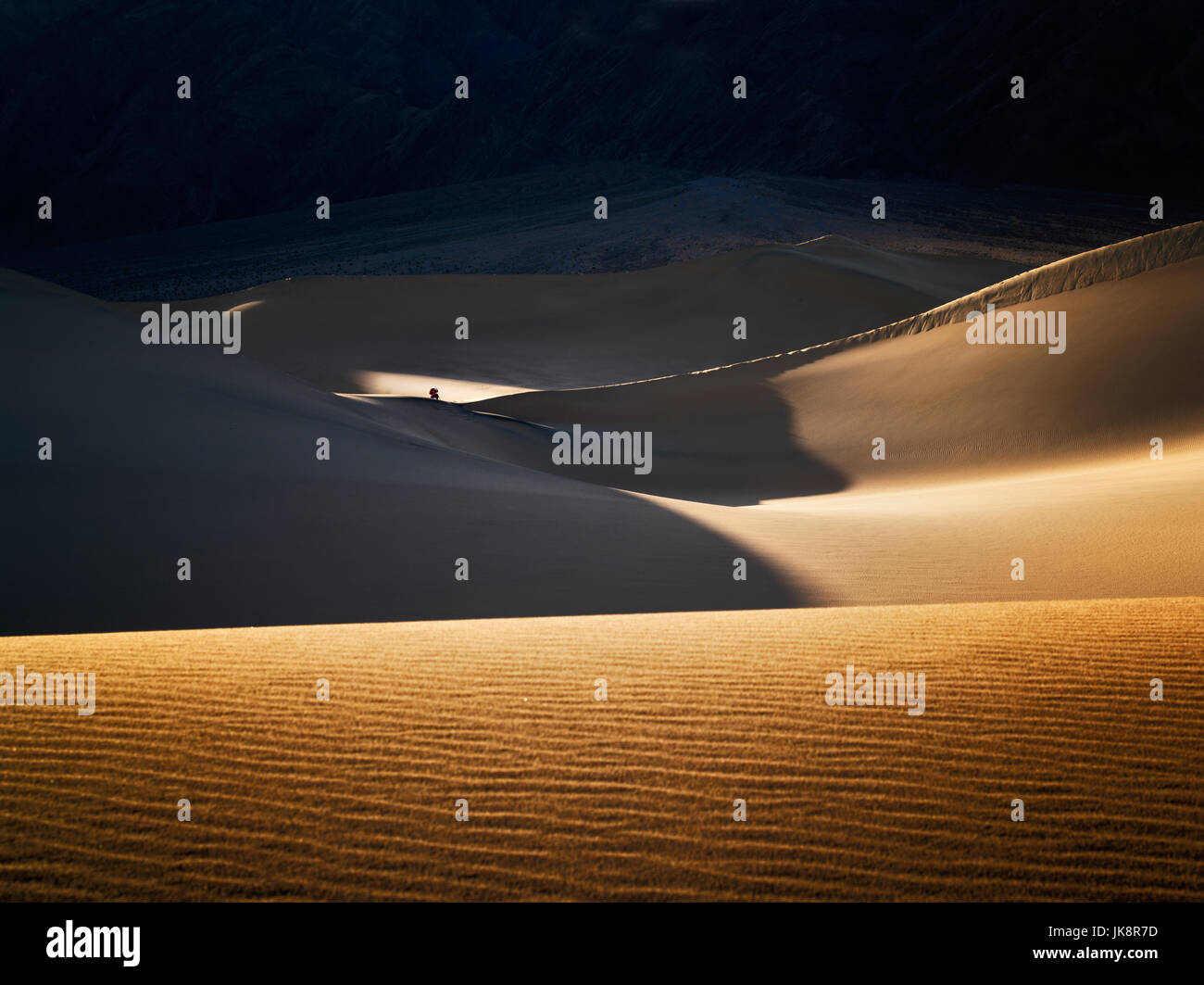 Fotograf auf Sanddünen. Death Valley Nationalpark, Kalifornien Stockfoto