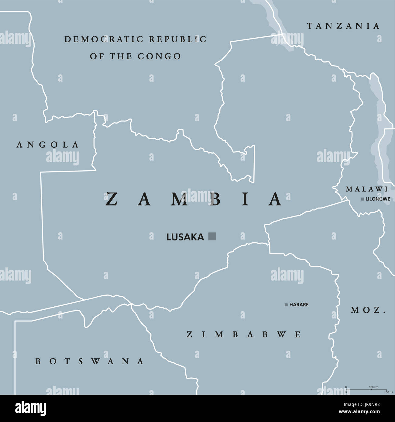 Sambia politische Karte mit Hauptstadt Lusaka, internationale Grenzen und Nachbarn. Republik und Binnenstaat im südlichen Afrika. Stockfoto