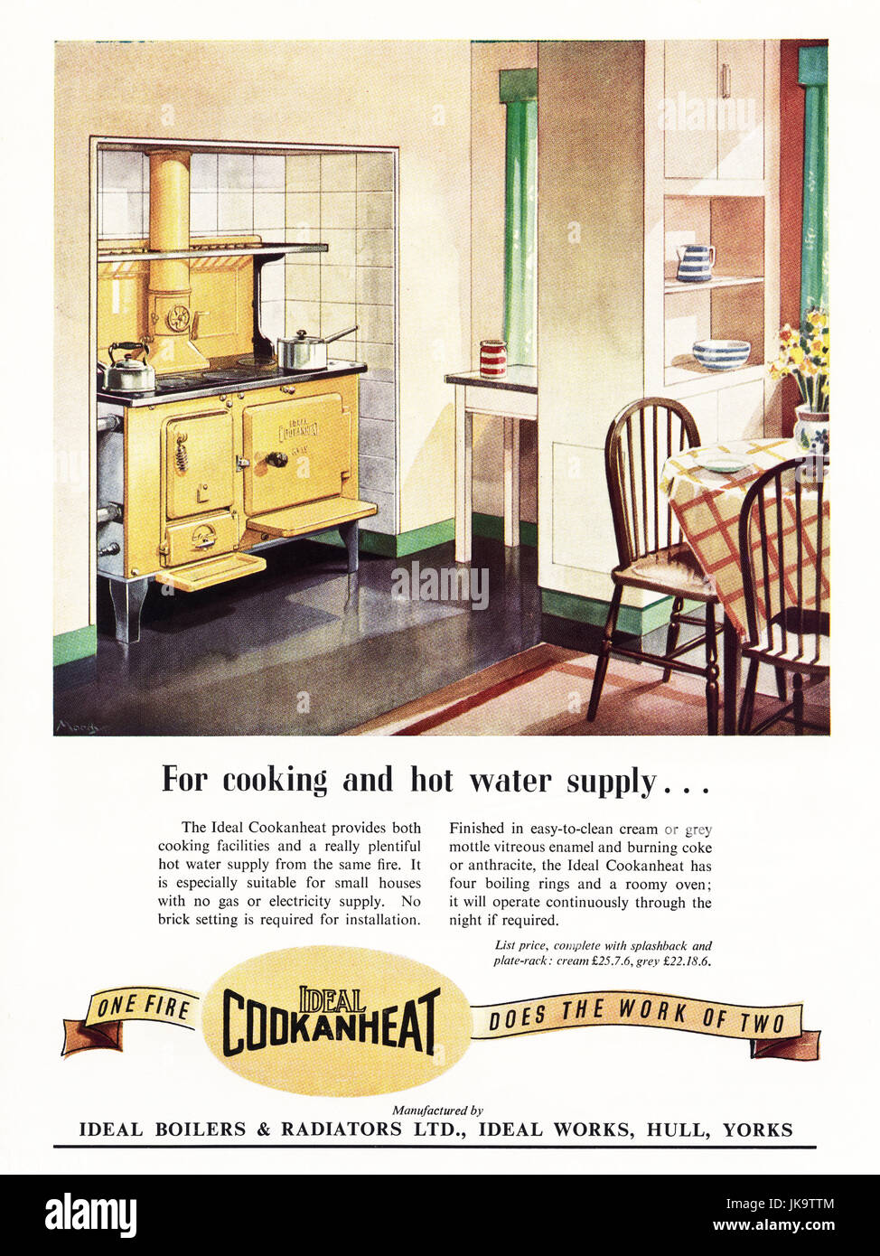 1950er Jahre Herd original alten Vintage Werbung Werbung Ideal Cookanheat Festbrennstoff Küche für Kochen & Heizungswasser im Magazin um 1950 Stockfoto
