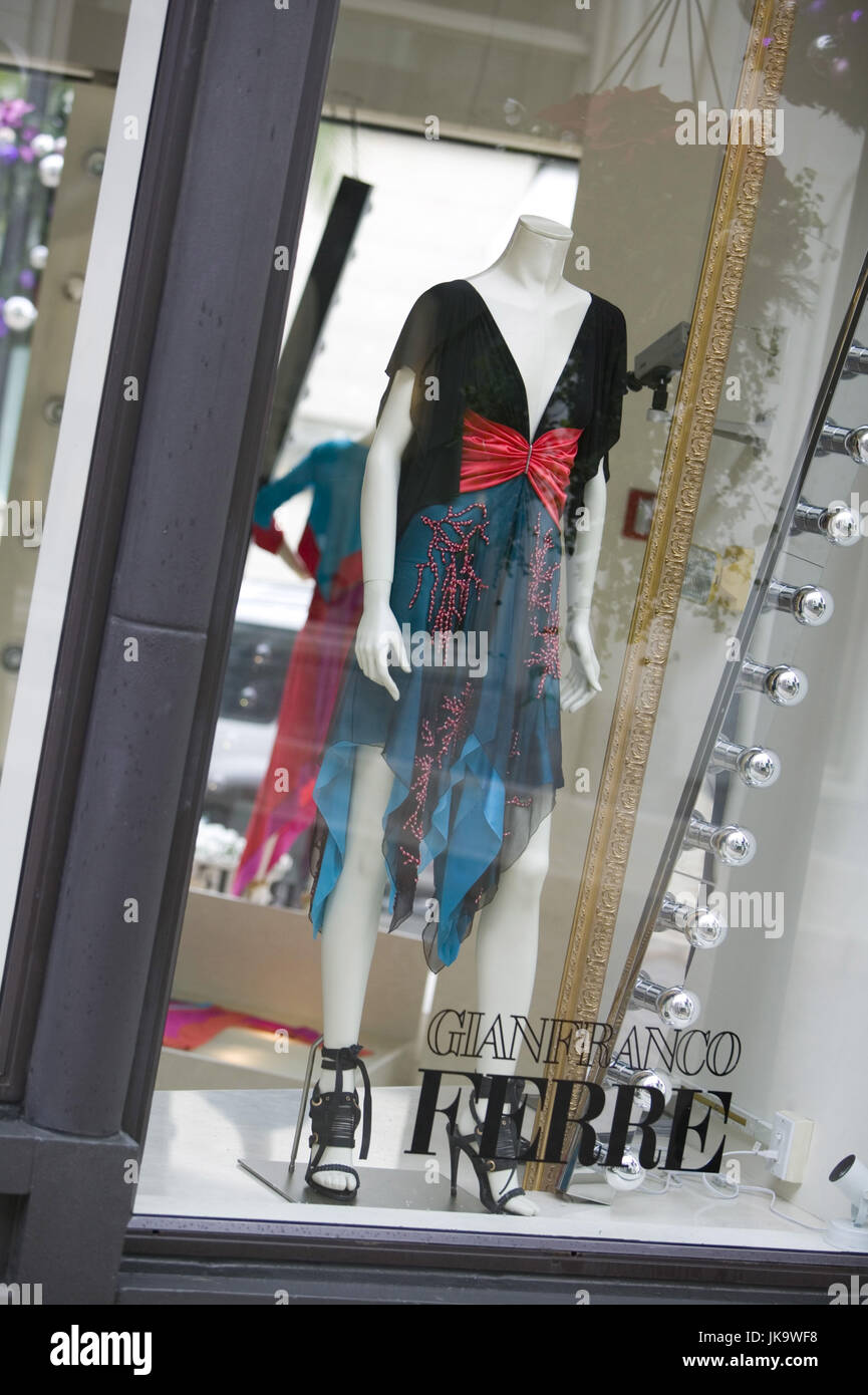 USA, Kalifornien, Los Angeles, Beverly Hills, Rodeo Drive, Boutique, 'Gianfranco Ferre', Schaufenster, keinen Besitz loslassen, Stadt, Großstadt, Weltstadt, Wirtschaft, Vorahnung, Laden, Modegeschäft, Auslage, Schaufensterpuppe, Dekoration, APPLELOVE, Mode, Designermode, Designer, Design, Exklusiv, Edel, elegant, Luxus, Außen, Stockfoto