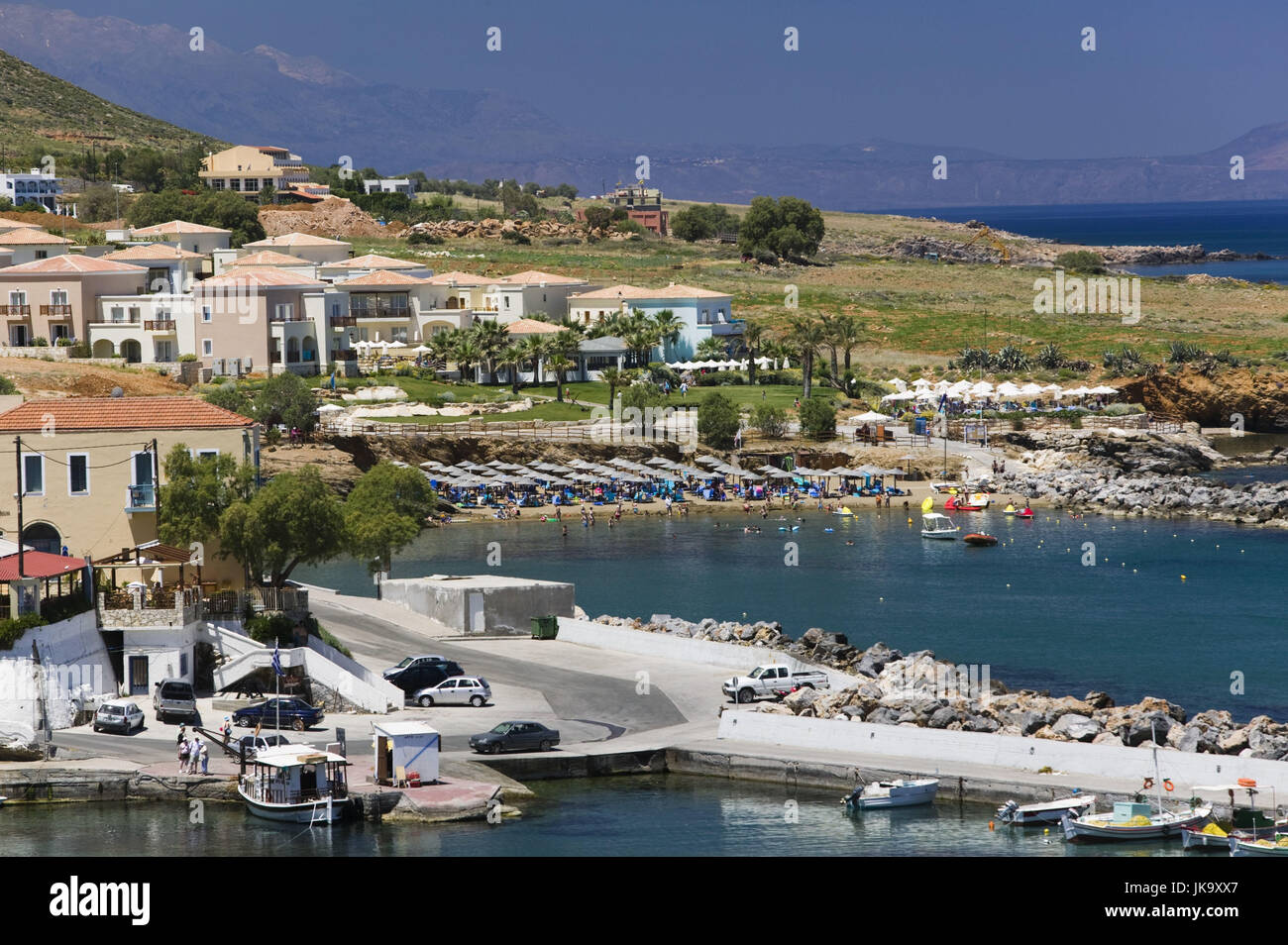 Griechenland, Kreta, Panormo, Ortsansicht, Strand, Hafen, Stockfoto