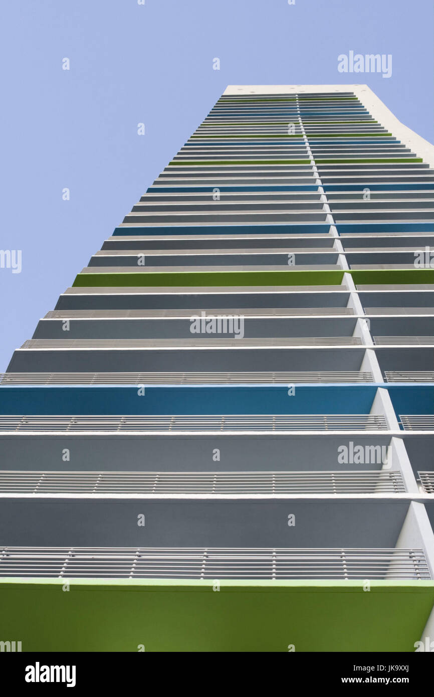 USA, Florida, Miami, Wallgraben, Hochhaus, Perspektive, Nordamerika, Stadt, Großstadt, Haus, Gebäude, Wolkenkratzer, Balkone, Wohnungen, Etagen, Stockwerke, Grün, Blau, Höhe, Konformität, Muster, Streifen, Himmel, Architektur, Stockfoto