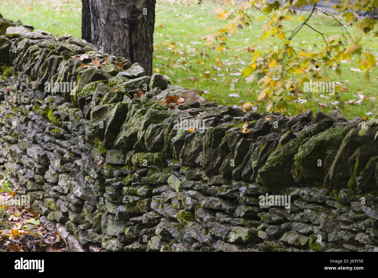 USA, Kentucky, unsere, Shaker Village of Pleasant Hill, Steinmauer, Detail, Nordamerika, Reiseziel, Sehenswürdigkeit, Museum, Historisch, Garten, Mauer, Außen, Menschenleer, Baum, Laub, Herbstlich, Stockfoto