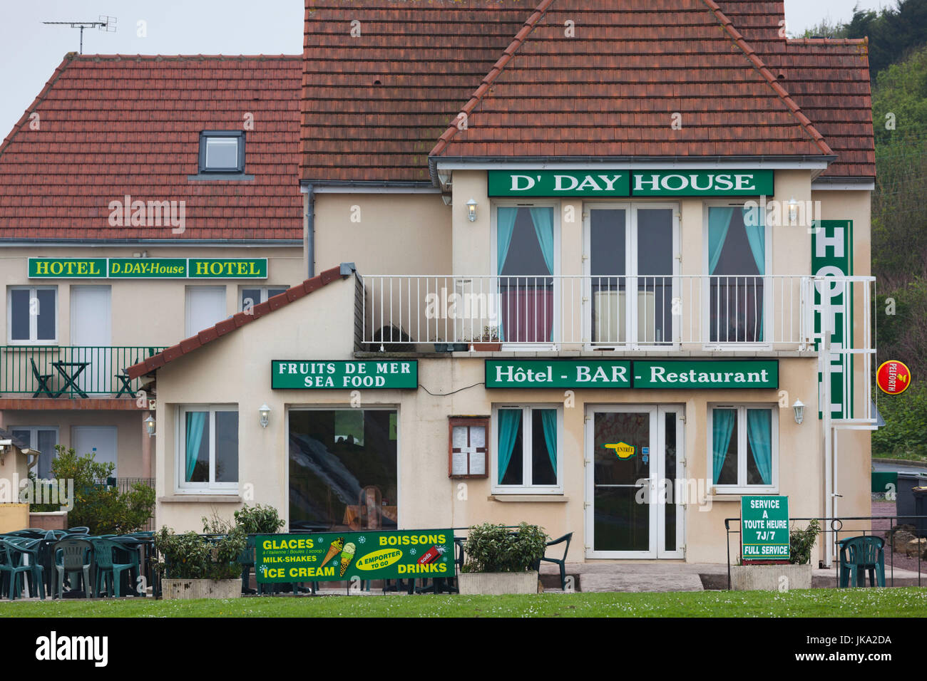 Frankreich, Normandie, Calvados Abteilung, d-Day Strände Gegend, Saint-Laurent-Sur-Mer,, WW2-Ära Omaha Beach, d-Day Haus Hotel und Bar Stockfoto