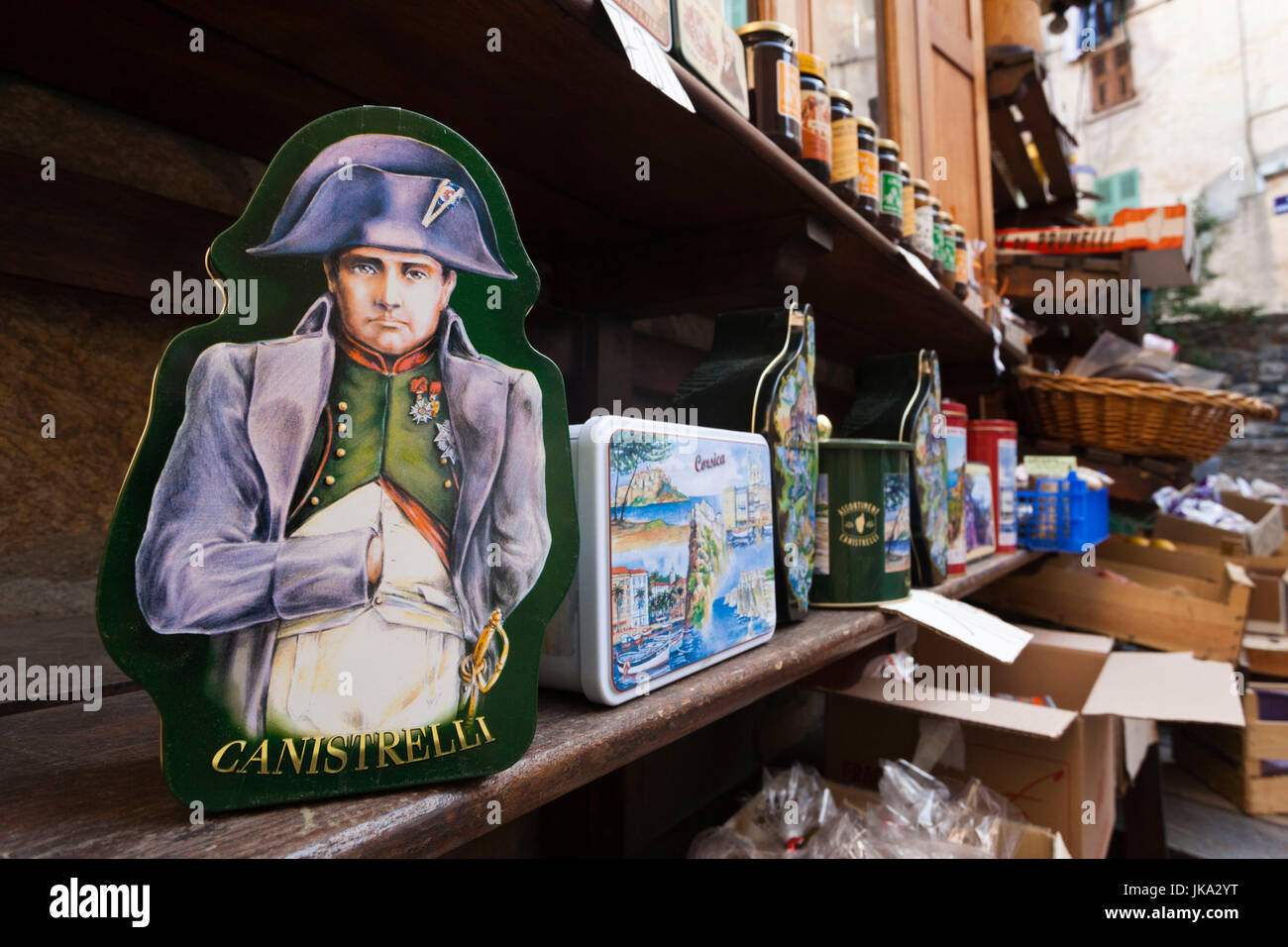 Frankreich, Korsika, Haute-Corse Abteilung, zentralen Bergregion, Corte, korsische Produkte Shop, Box mit Abbildung von Napoleon Bonaparte Stockfoto