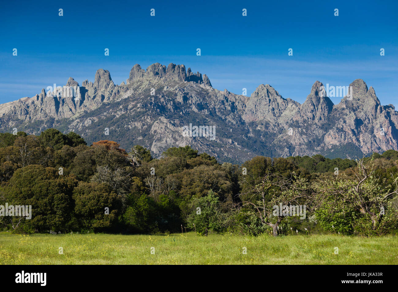 Frankreich, Korsika, Departement Corse-du-Sud, La Alta Rocca Region, Quenza, Blick auf die Aiguilles de Bavella-Gipfel Stockfoto