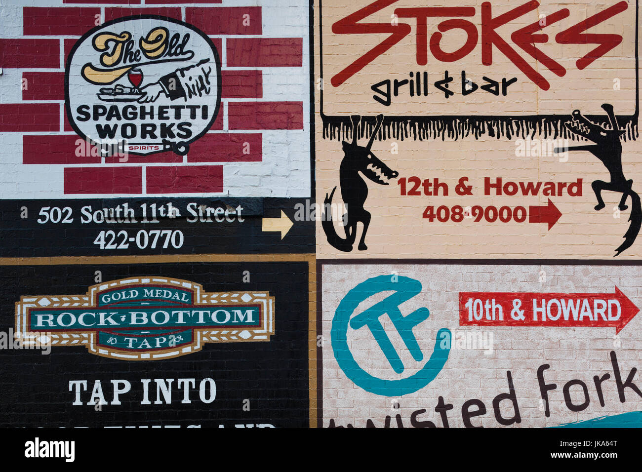 USA, Nebraska, Omaha, Gebäude im Bereich Alter Markt, Restaurant Zeichen Stockfoto